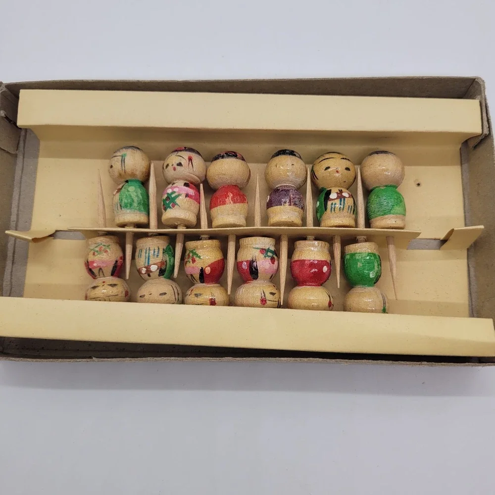 Vintage Hand Carved Painted Wooden Kokeshi Birthday Candle Holders Set of 12 Box